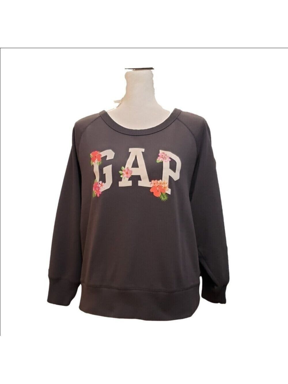 Gap Women's Sweatshirt Size L Gray Pink Floral Logo Crewneck - Picture 3 of 7